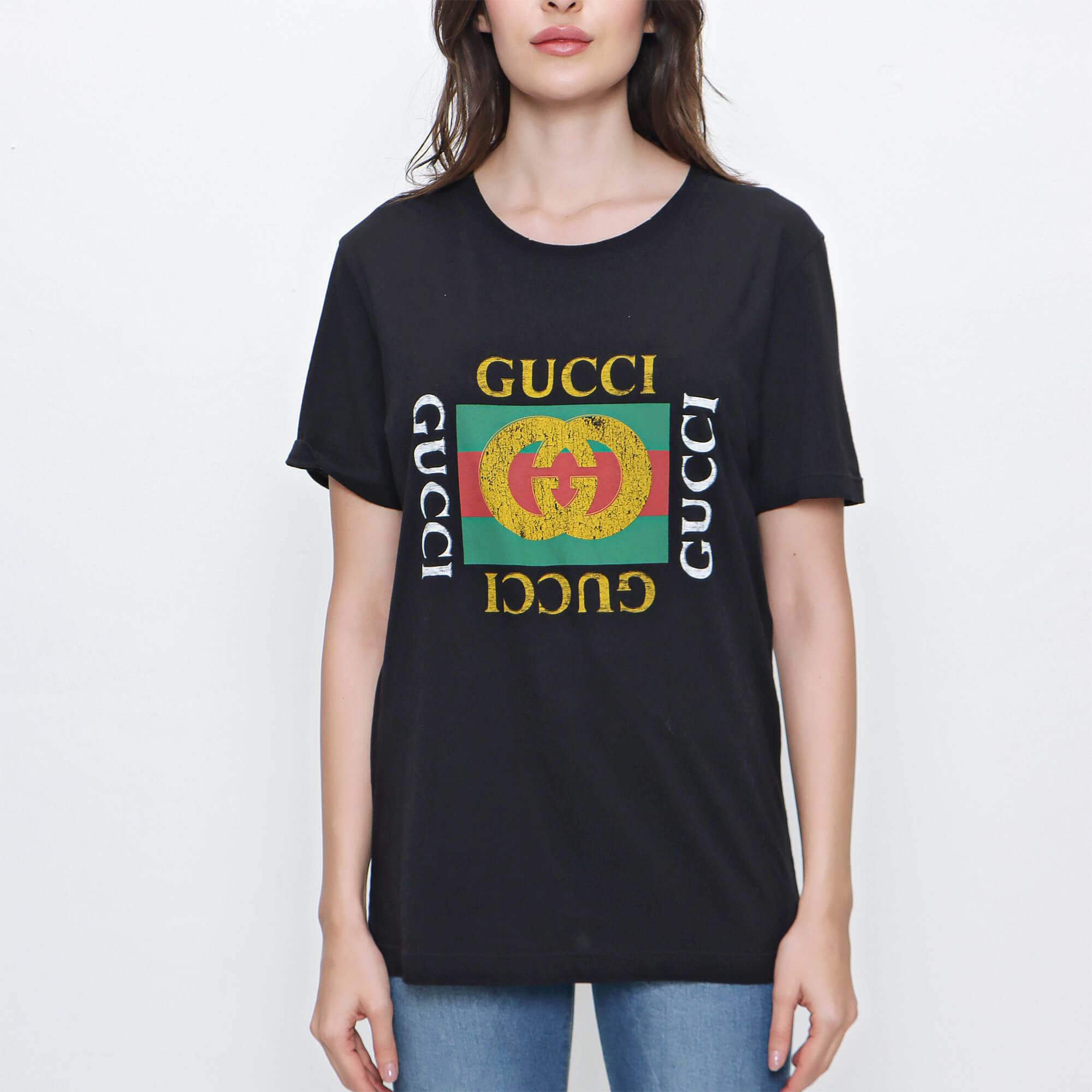 Gucci - Black Cotton Vintage Logo Print T shirt 